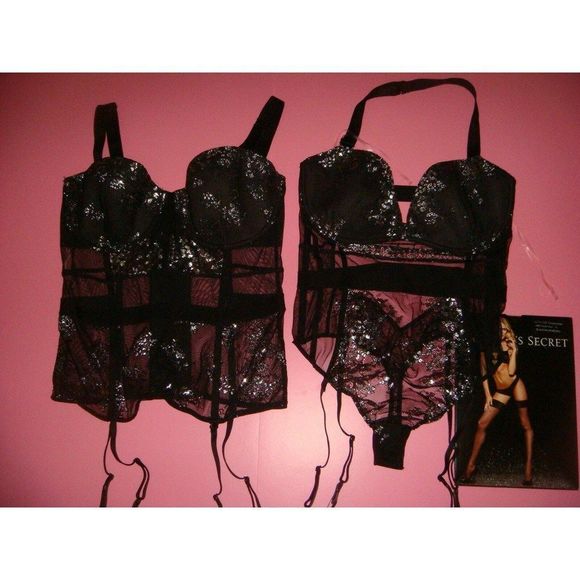 Victoria's Secret 32C,34C BRA SET+garter TEDDY+CORSET+S,M BLACK silver foil mesh - Picture 2 of 9